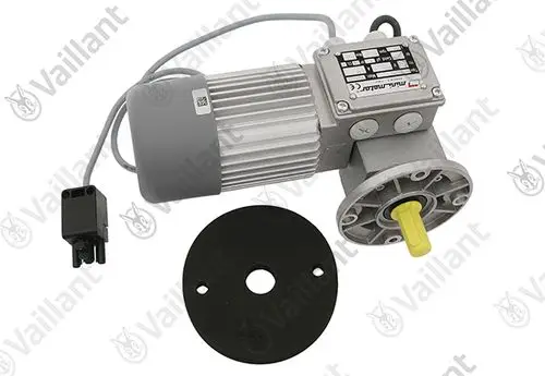 Vaillant Motor mit einem grauen Gehäuse und einem schwarzen Montageflansch, ausgestattet mit einem gelben Antriebsstift und einem elektrischen Anschluss.
